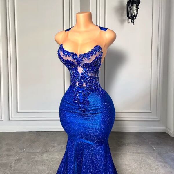 royal blue beaded sleeveless long mermaid prom dress xy0027