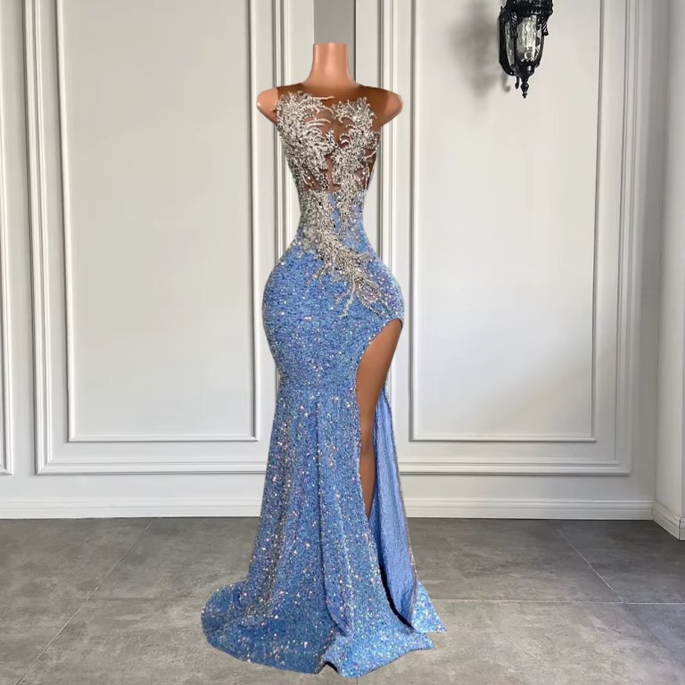 blue beaded sleeveless split long mermaid prom dress xy0028