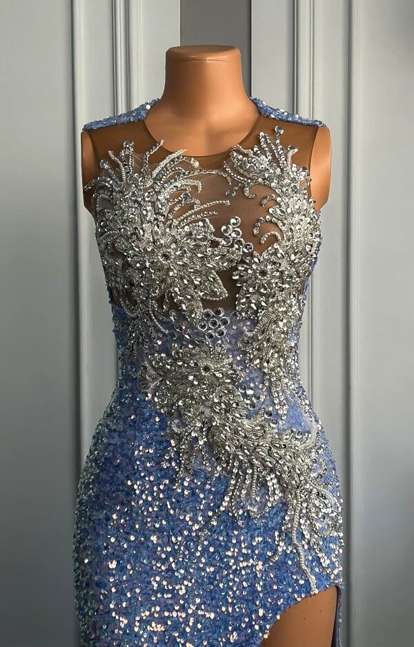 blue beaded sleeveless split long mermaid prom dress xy0028