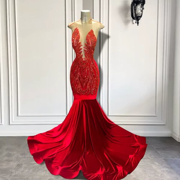 Red Beaded Sleeveless Velvet Long Mermaid Prom Dress XY0032