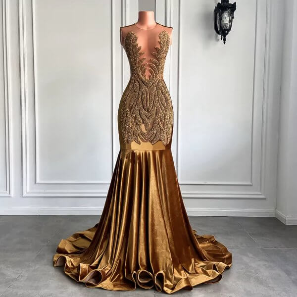 red beaded sleeveless velvet long mermaid prom dress xy0032