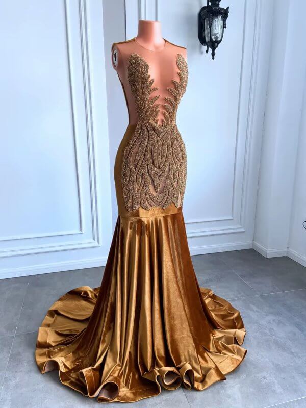 red beaded sleeveless velvet long mermaid prom dress xy0032