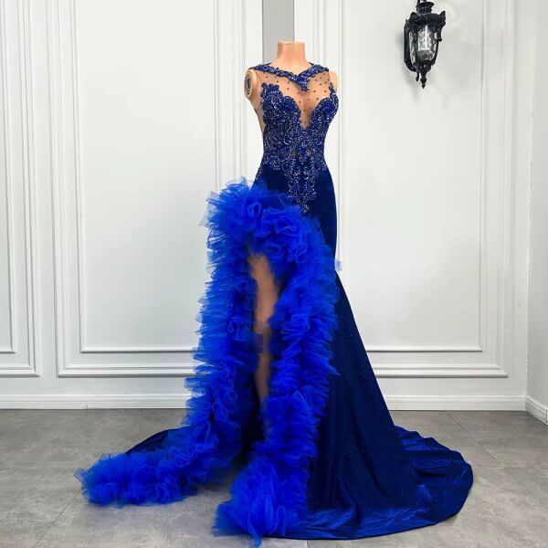 royal blue beaded sleeveless velvet split long mermaid prom dress xy0035