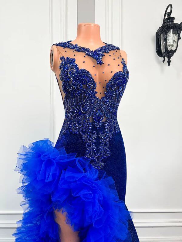 royal blue beaded sleeveless velvet split long mermaid prom dress xy0035
