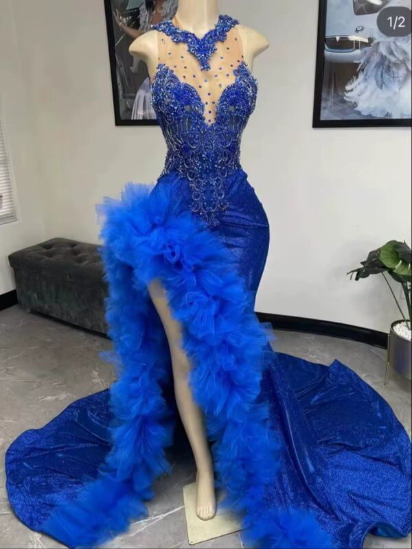 royal blue beaded sleeveless velvet split long mermaid prom dress xy0035