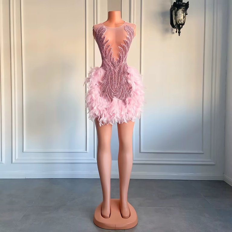 pink beading sleeveless feather short prom dress xy0036