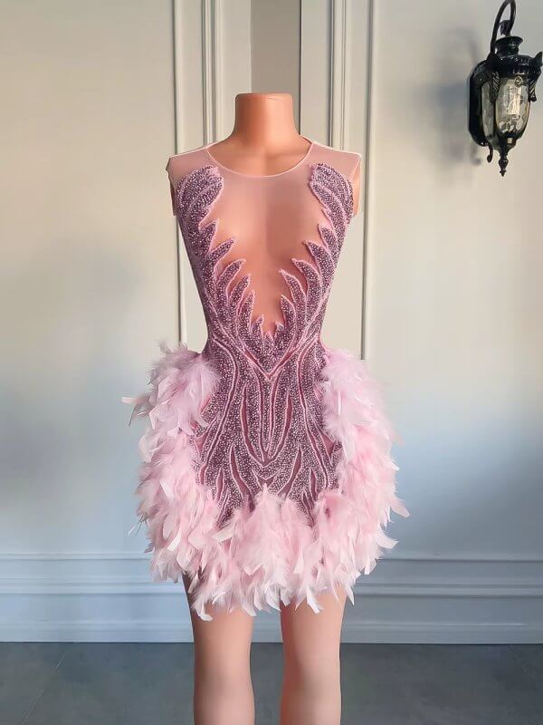 pink beading sleeveless feather short prom dress xy0036