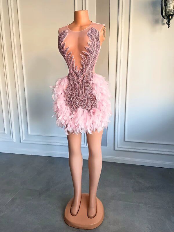 pink beading sleeveless feather short prom dress xy0036