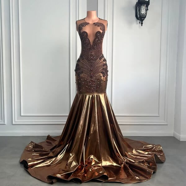 brown beaded sleeveless long mermaid prom dress xy0038