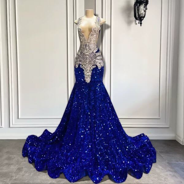 royal blue beaded sleeveless long mermaid prom dress xy0039