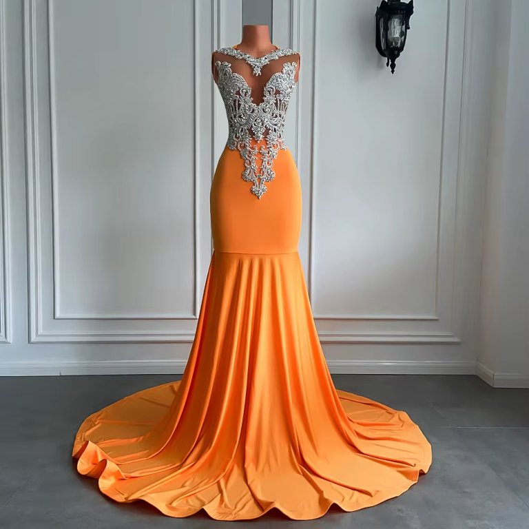 Orange Beaded Sleeveless Long Mermaid Prom Dress XY0040