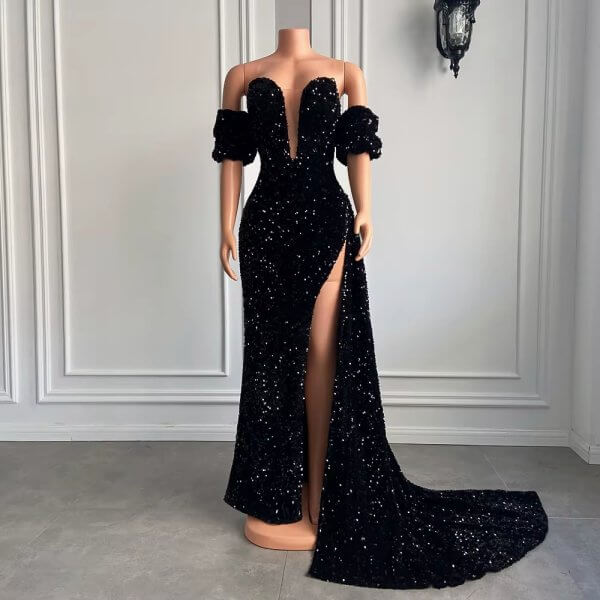 sparkly red sequin velvet long split mermaid prom dress xy0042
