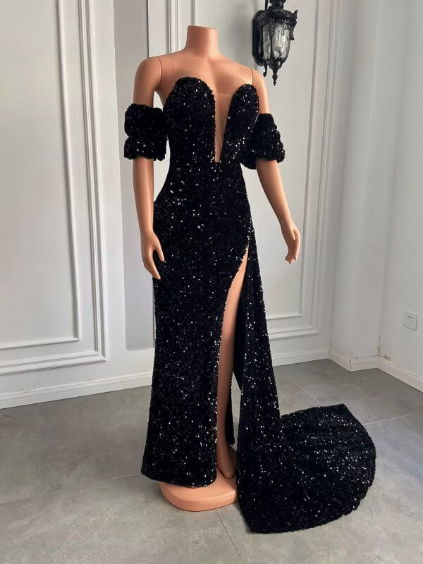 sparkly red sequin velvet long split mermaid prom dress xy0042