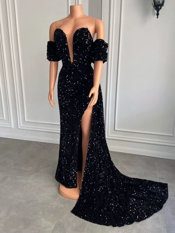 sparkly red sequin velvet long split mermaid prom dress xy0042