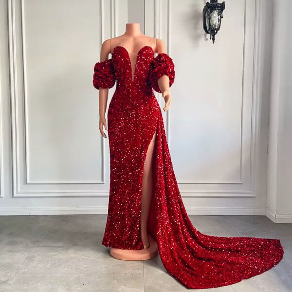 sparkly red sequin velvet long split mermaid prom dress xy0042
