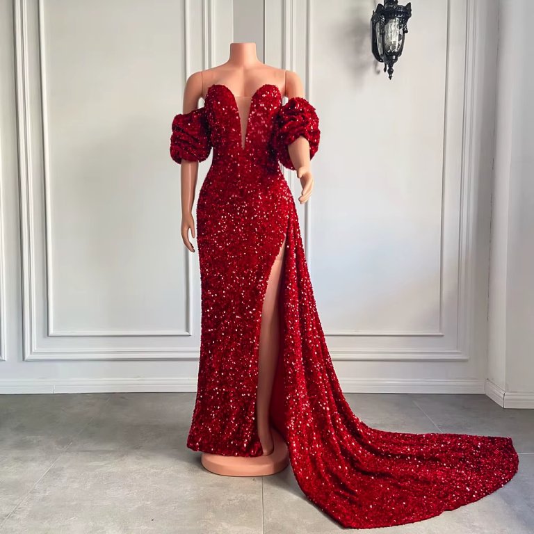 sparkly red sequin velvet long split mermaid prom dress xy0042