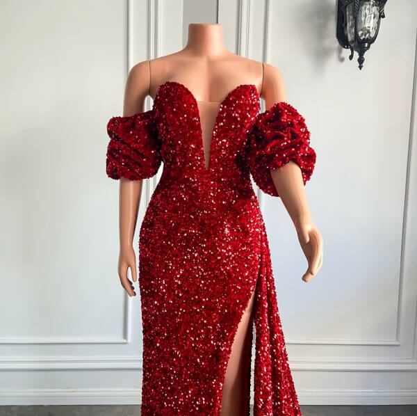 sparkly red sequin velvet long split mermaid prom dress xy0042