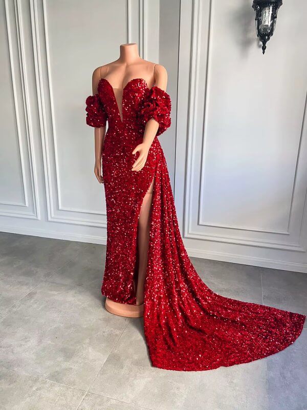 sparkly red sequin velvet long split mermaid prom dress xy0042