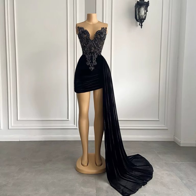 black velvet applique beading sleeveless short prom dress xy0044