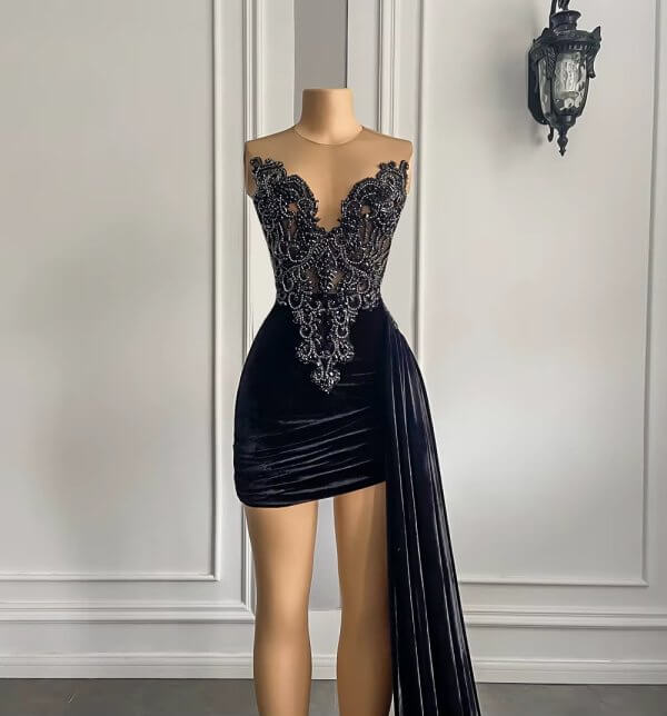 black velvet applique beading sleeveless short prom dress xy0044