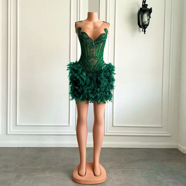 green beading sleeveless feather short prom dress xy0046