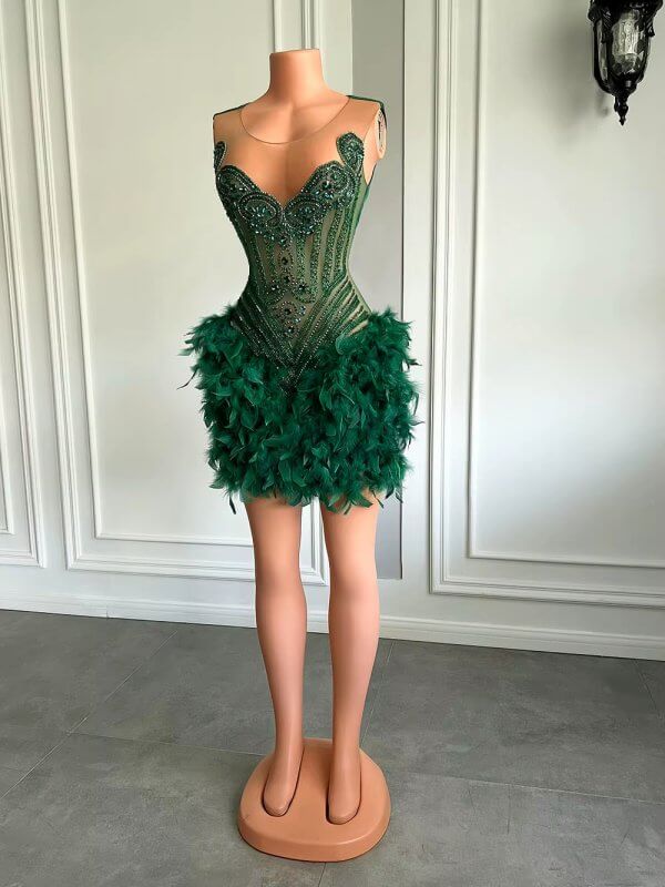green beading sleeveless feather short prom dress xy0046