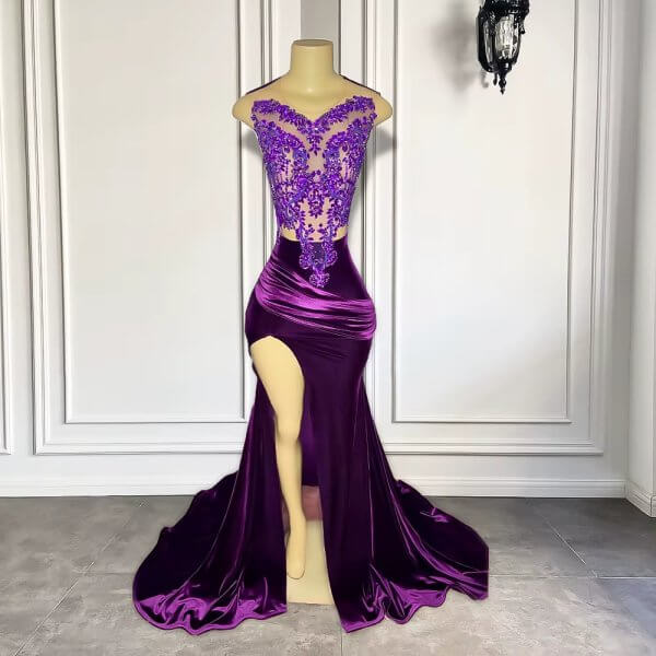 Purple Split Beaded Sleeveless Long Mermaid Prom Dress XY0048