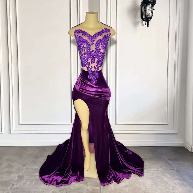 Purple Split Beaded Sleeveless Long Mermaid Prom Dress XY0048