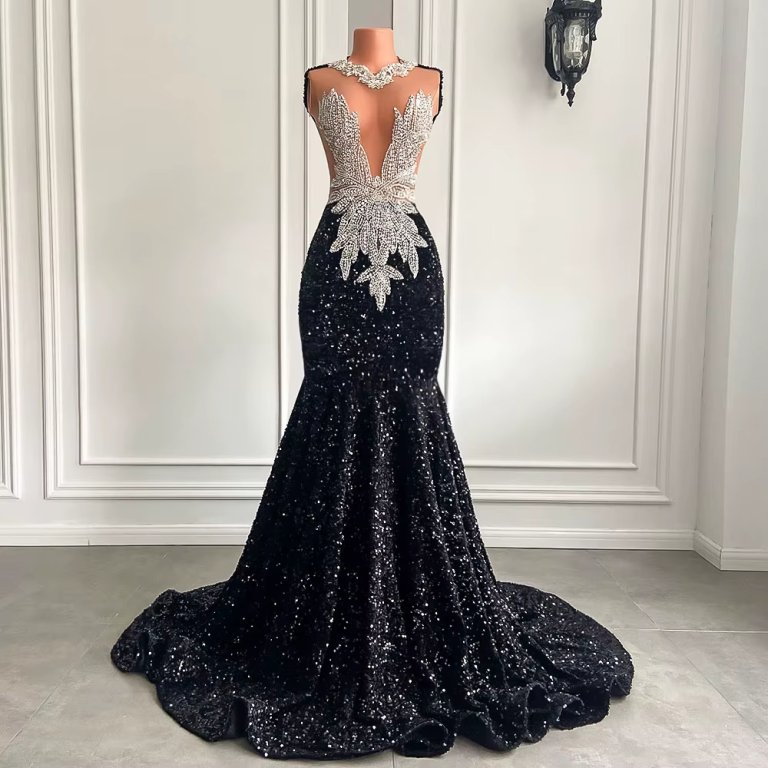 sexy black beaded sleeveless long mermaid prom dress xy0050