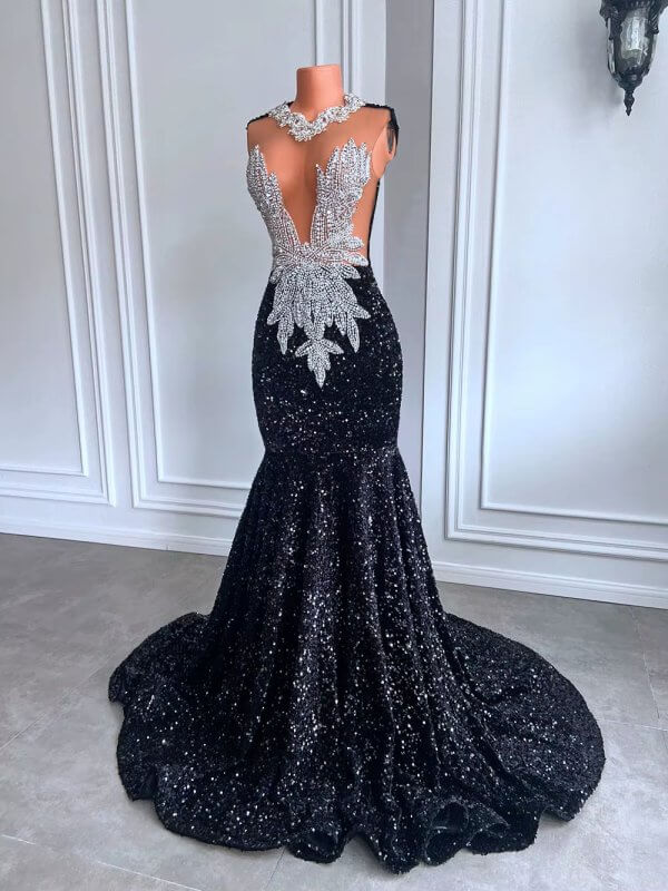 sexy black beaded sleeveless long mermaid prom dress xy0050