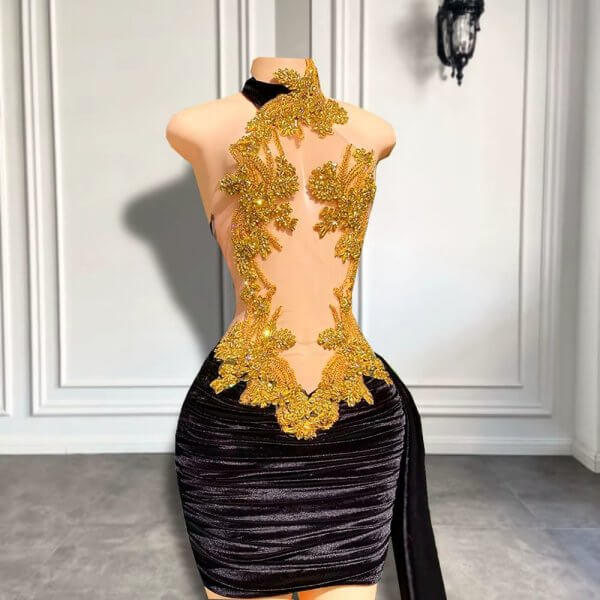 Sexy Gold Beading Sleeveless Mermaid Short Prom Dress XY0051