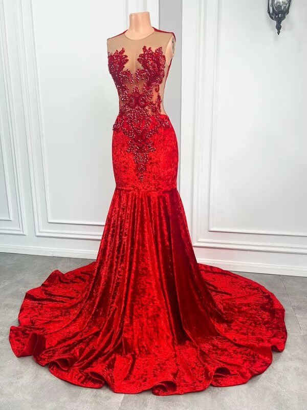 sexy red beaded sleeveless long mermaid prom dress xy0054