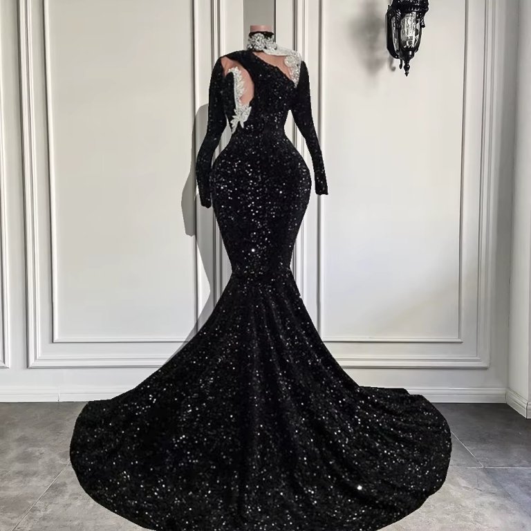 Sexy Black High Neck Long Sleeve Mermaid Prom Dress XY0055