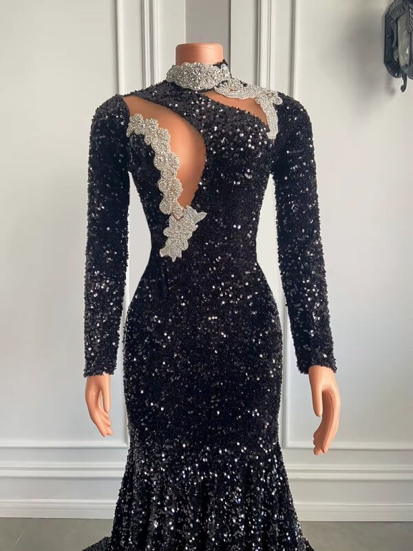 sexy black high neck long sleeve mermaid prom dress xy0055