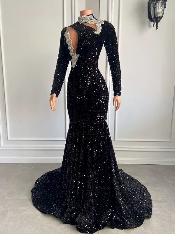 sexy black high neck long sleeve mermaid prom dress xy0055