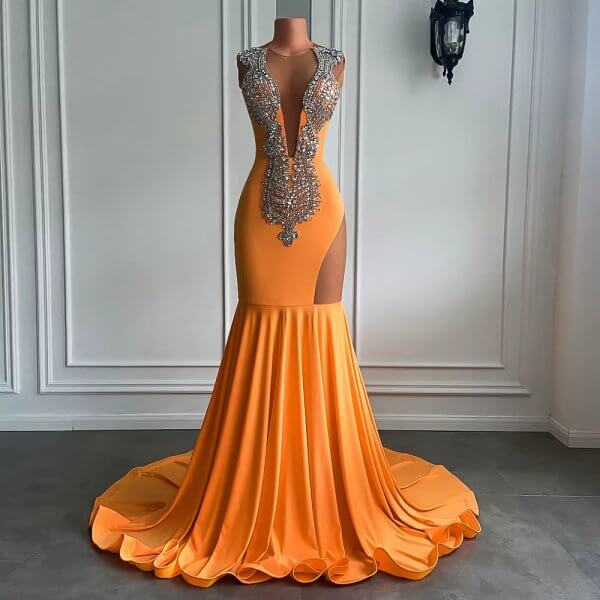 sexy orange beading sleeveless mermaid prom dress xy0056