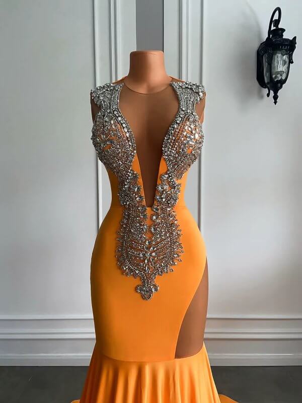 sexy orange beading sleeveless mermaid prom dress xy0056