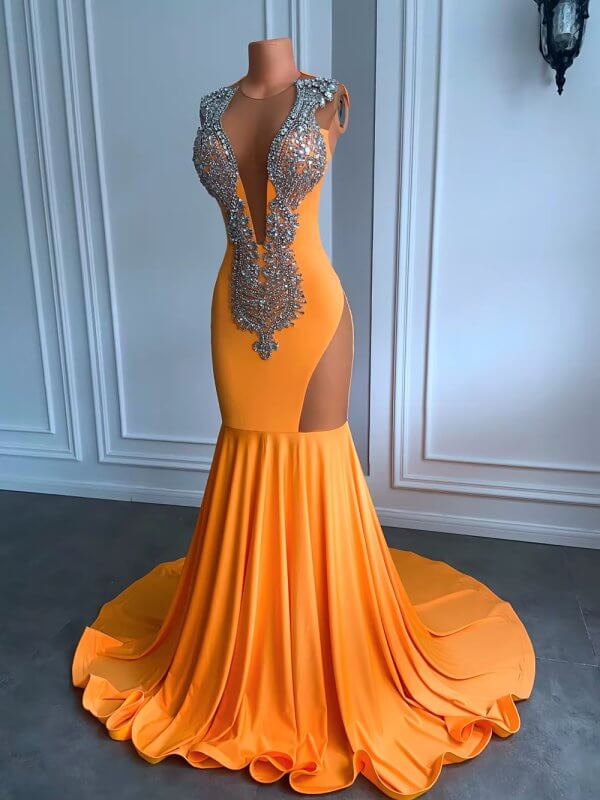 sexy orange beading sleeveless mermaid prom dress xy0056