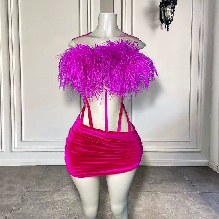 Hot Pink Feather Sleeveless Short Mermaid Prom Dress XY0058