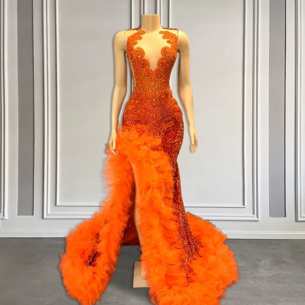Orange Beading Sleeveless Tull Long Split Side Mermaid Prom Dress XY006