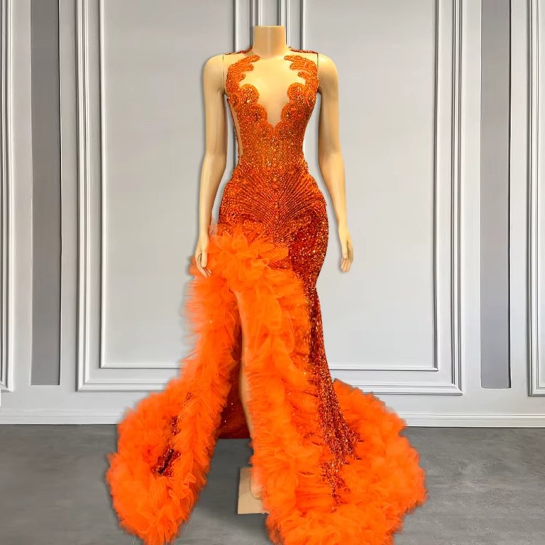 Orange Beading Sleeveless Tull Long Split Side Mermaid Prom Dress XY006