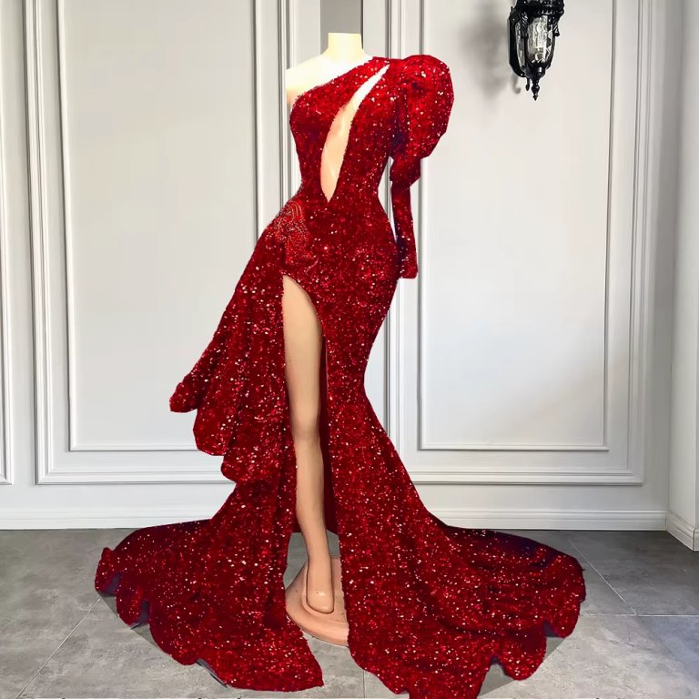 Sexy Red One Shoulder Long Sleeve Mermaid Prom Dress XY0060