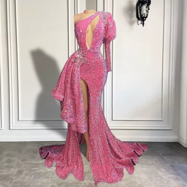Sexy Red One Shoulder Long Sleeve Mermaid Prom Dress XY0060