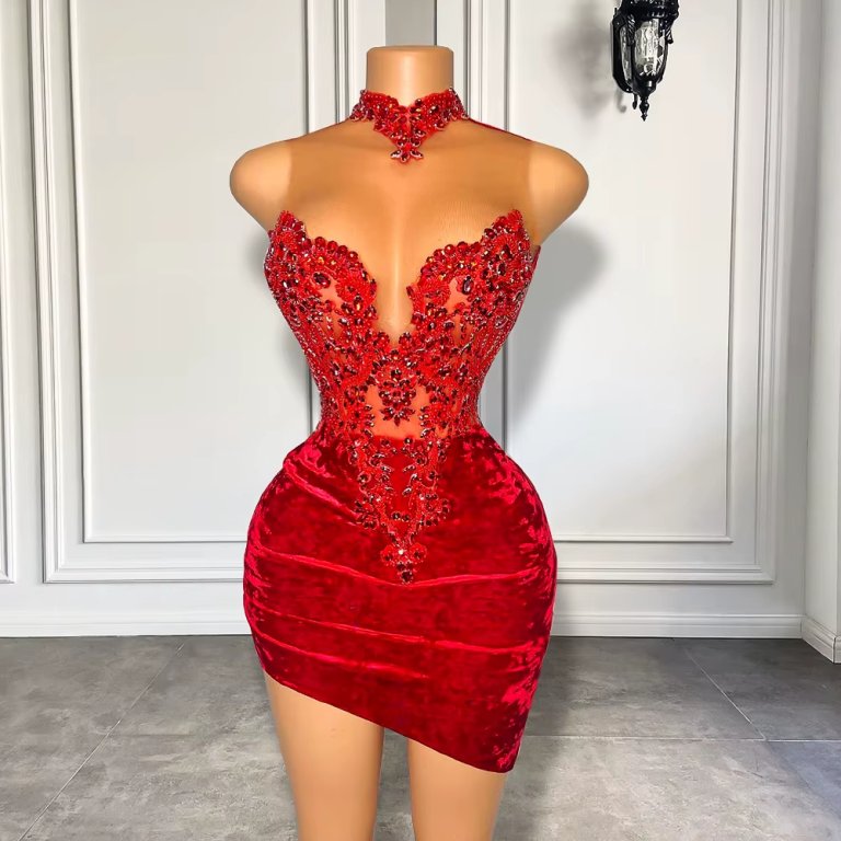 Sexy Red Beading Sleeveless Mermaid Short Prom Dress XY0061