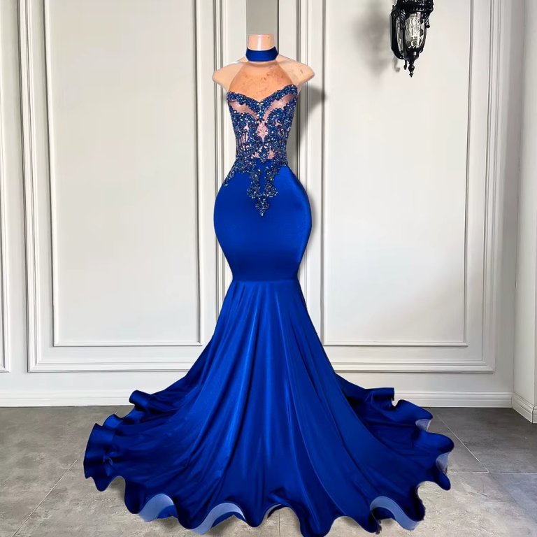 Sexy Blue Beading Sleeveless Mermaid Long Prom Dress XY0062