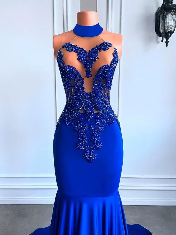 sexy blue beading sleeveless mermaid long prom dress xy0062