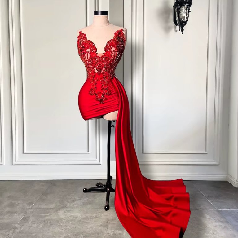 Sexy Red Beading Sleeveless Mermaid Short Prom Dress XY0063