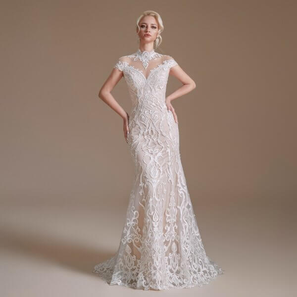 simple high neck sleeveless long mermaid wedding dress 1061