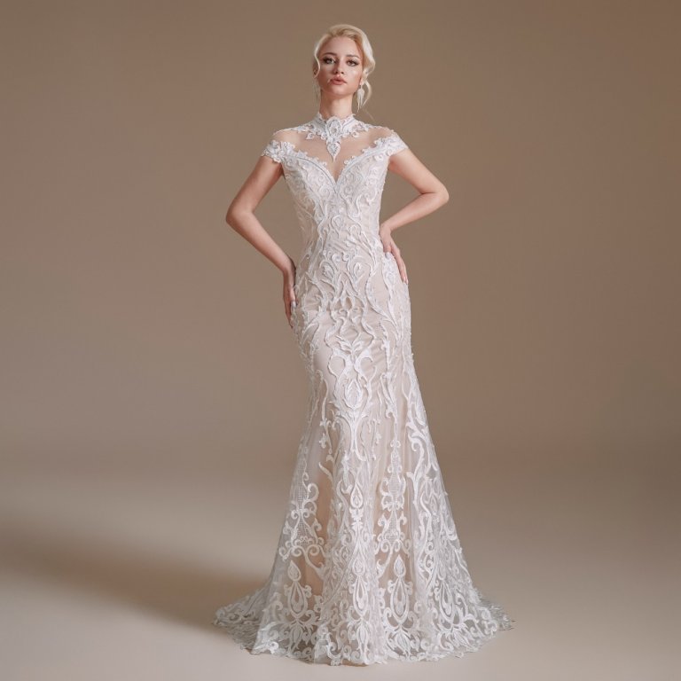 simple high neck sleeveless long mermaid wedding dress 1061