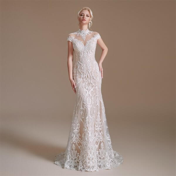 simple high neck sleeveless long mermaid wedding dress 1061
